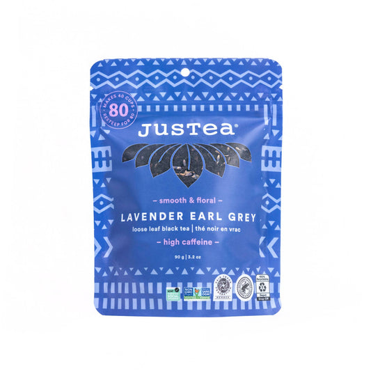 Justea Lavender Earl Grey tea package on a white background
