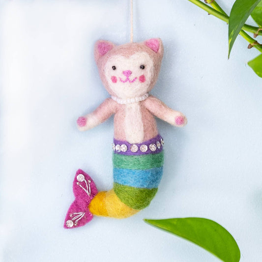 Felt mermaid cat toy with a colorful tail on a light blue background