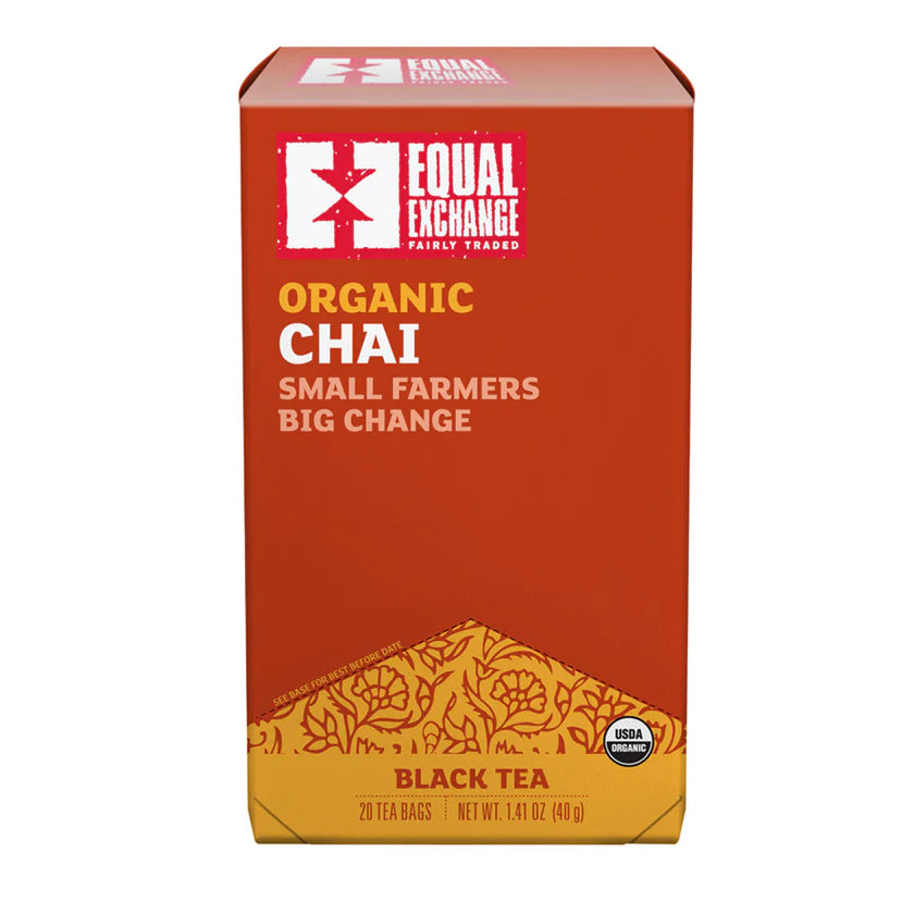 Box of Equal Exchange Organic Chai Black Tea on a white background