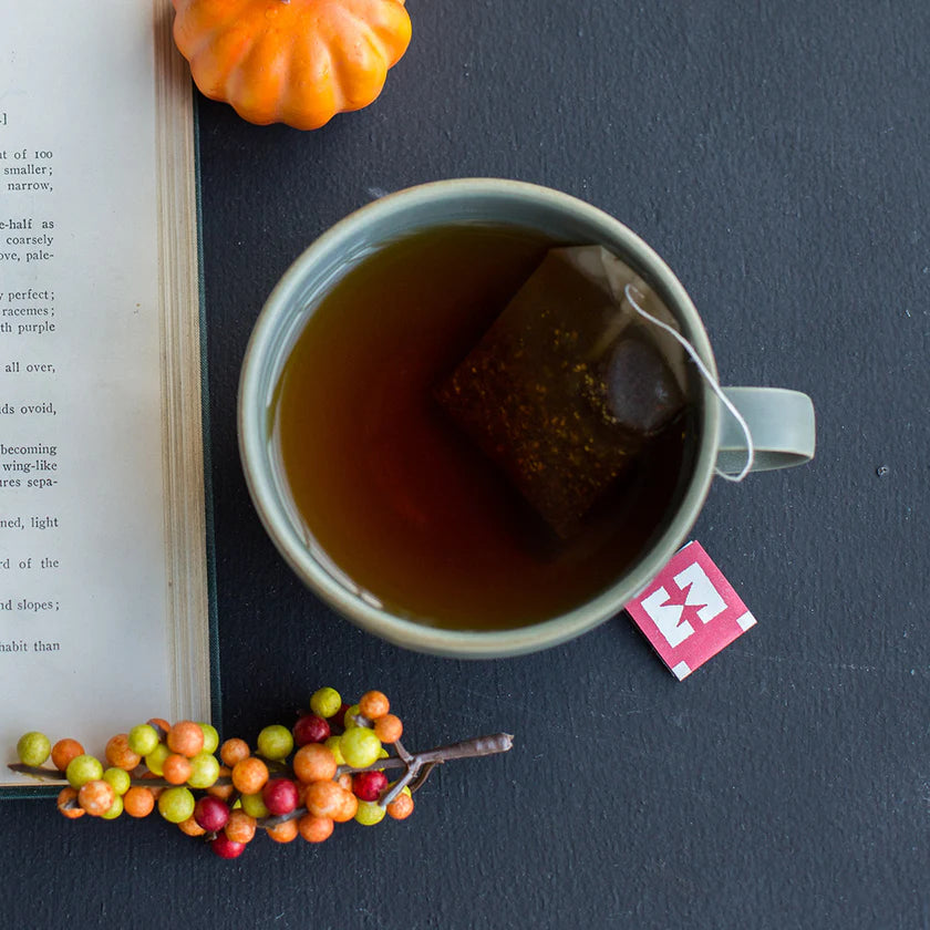 Tea cup with a tea bag by an open book with decorative elements on a dark surface