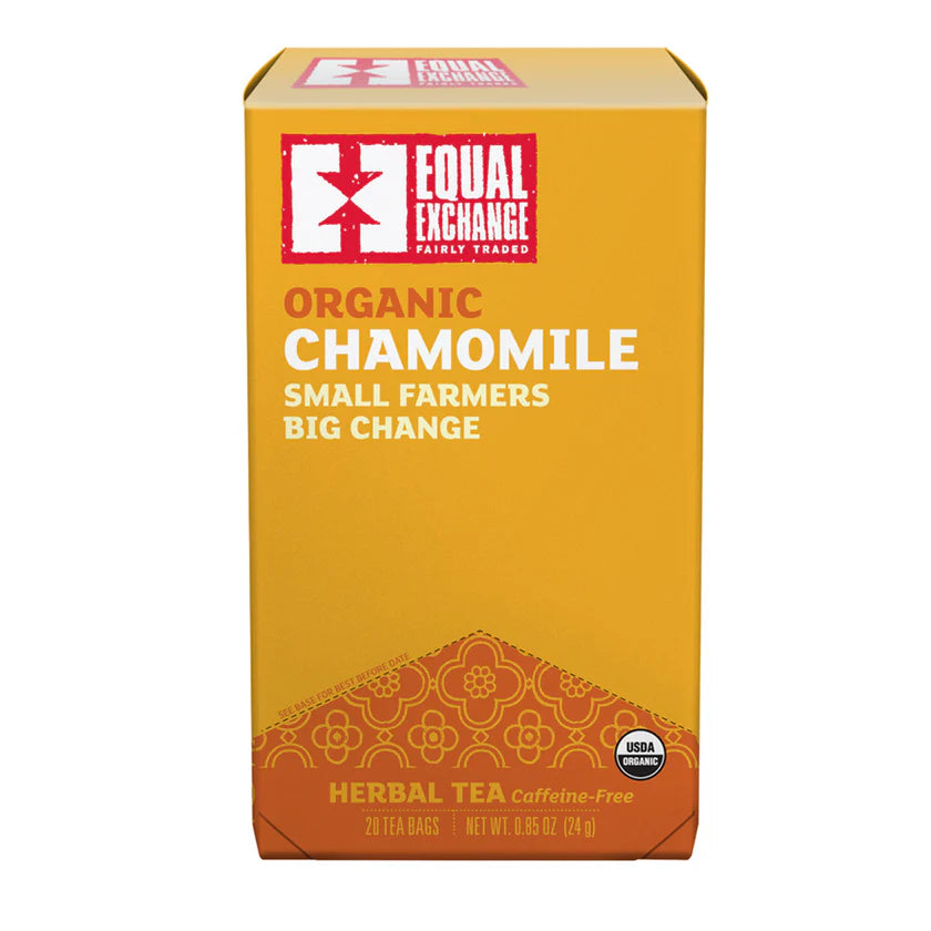 Orange box of Equal Exchange organic chamomile tea on a white background