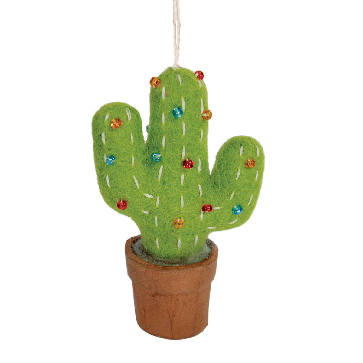 A felt cactus ornament in a brown pot, decorated with small colorful beads, hanging from a white string against a plain white background.