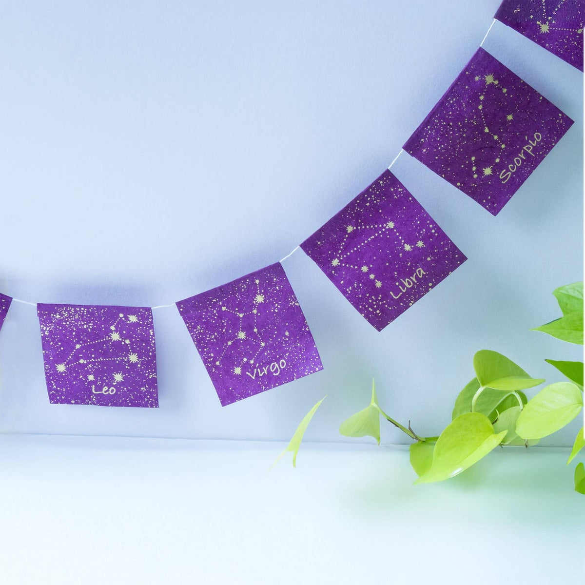 Purple zodiac banner with gold text on a light blue background