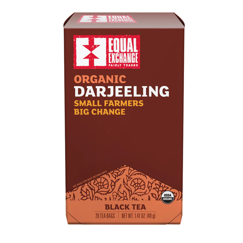 Box of Equal Exchange Organic Darjeeling Black Tea on a white background