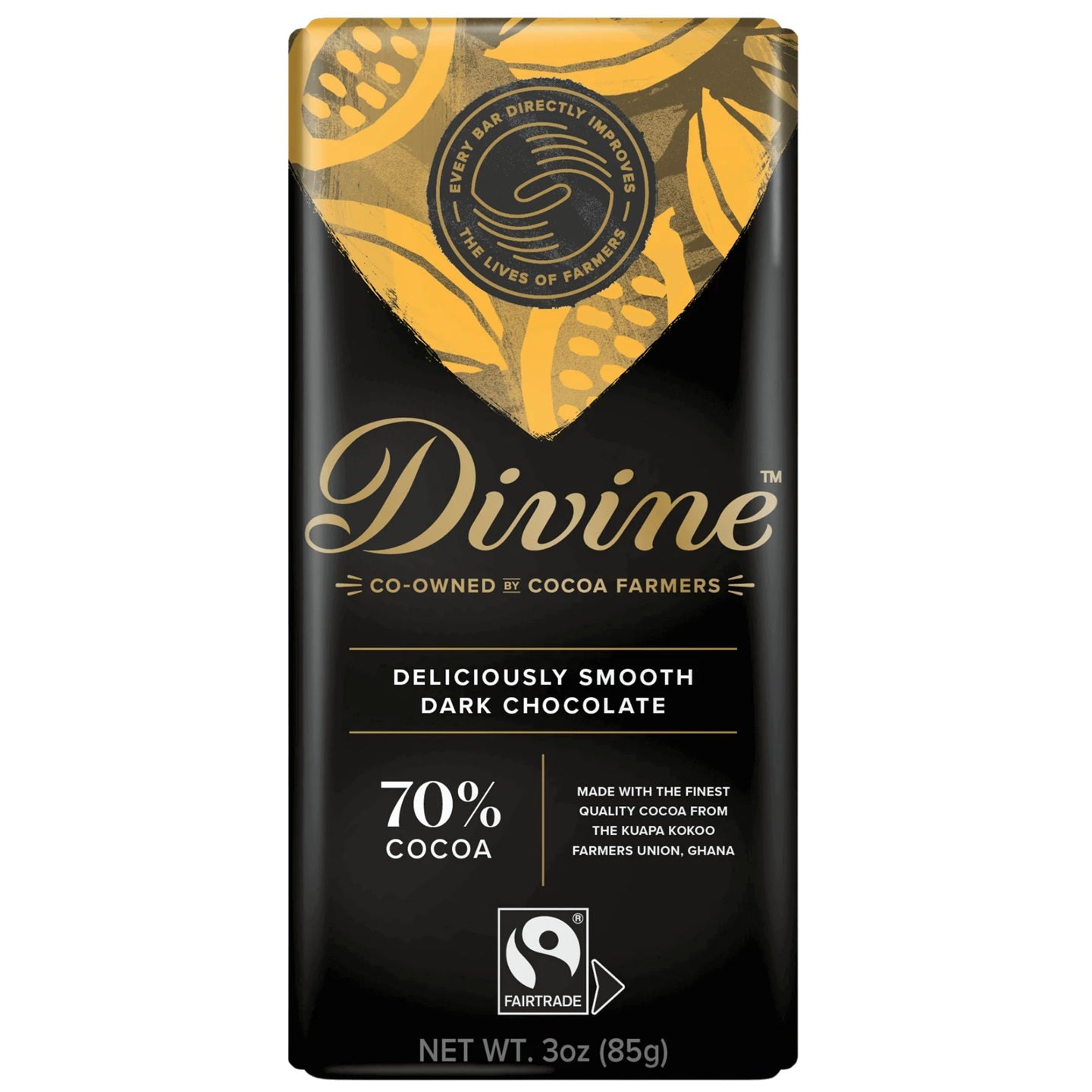 Divine 70% dark chocolate bar packaging with cocoa beans on a white background
