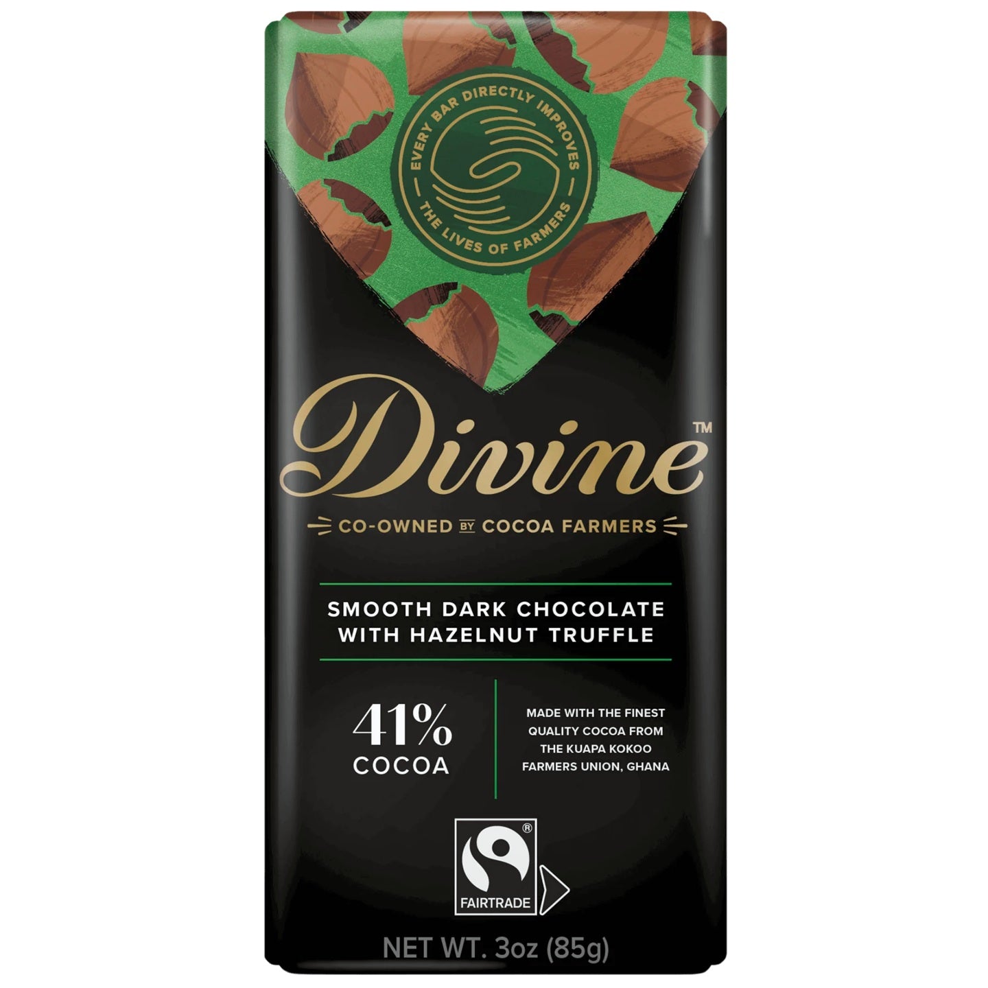 Divine dark chocolate with hazelnut truffle bar packaging with green and black design