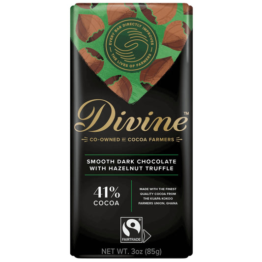 Divine dark chocolate with hazelnut truffle bar packaging with green and black design