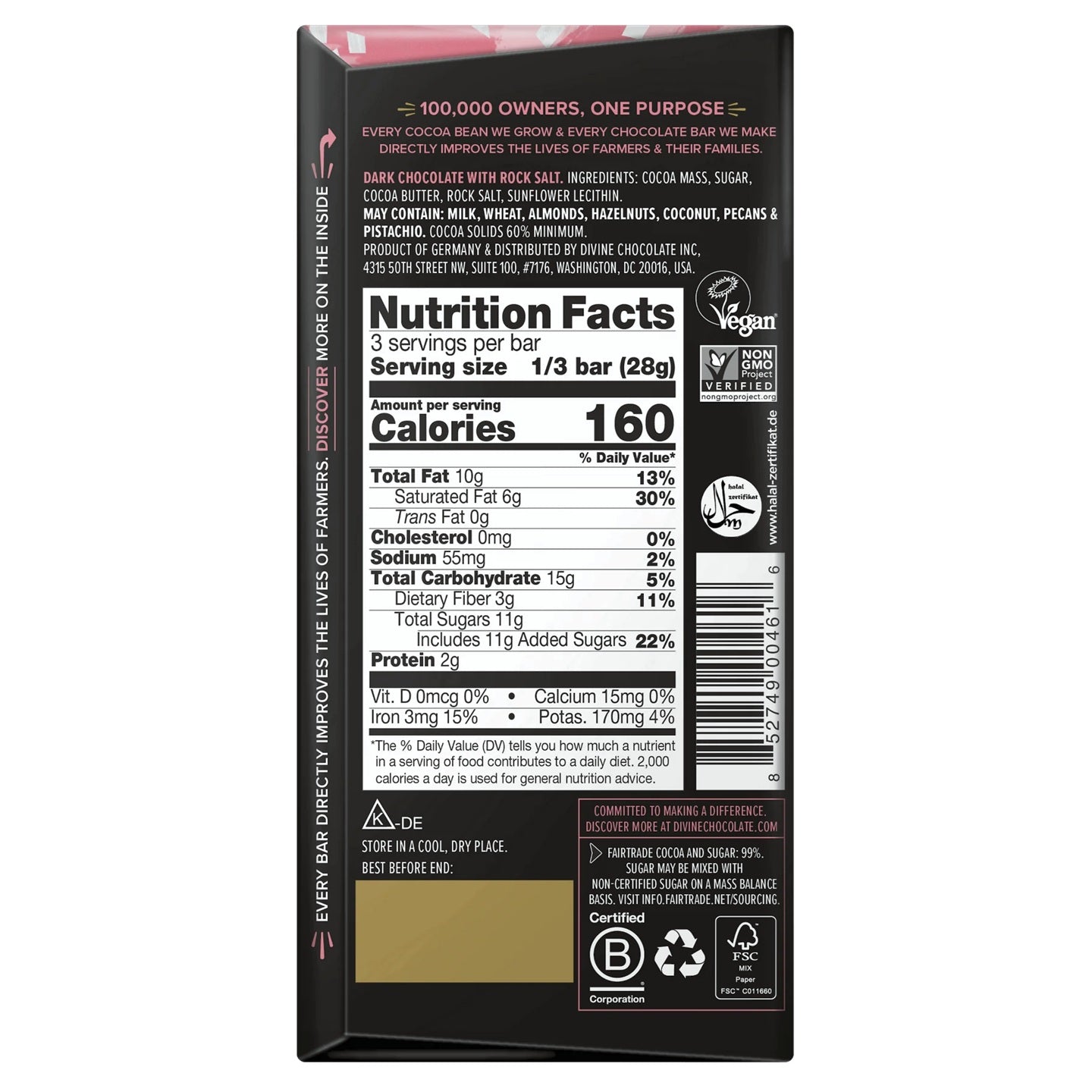 Nutrition facts label on a Divine dark chocolate Himalayan sea salt bar packaging