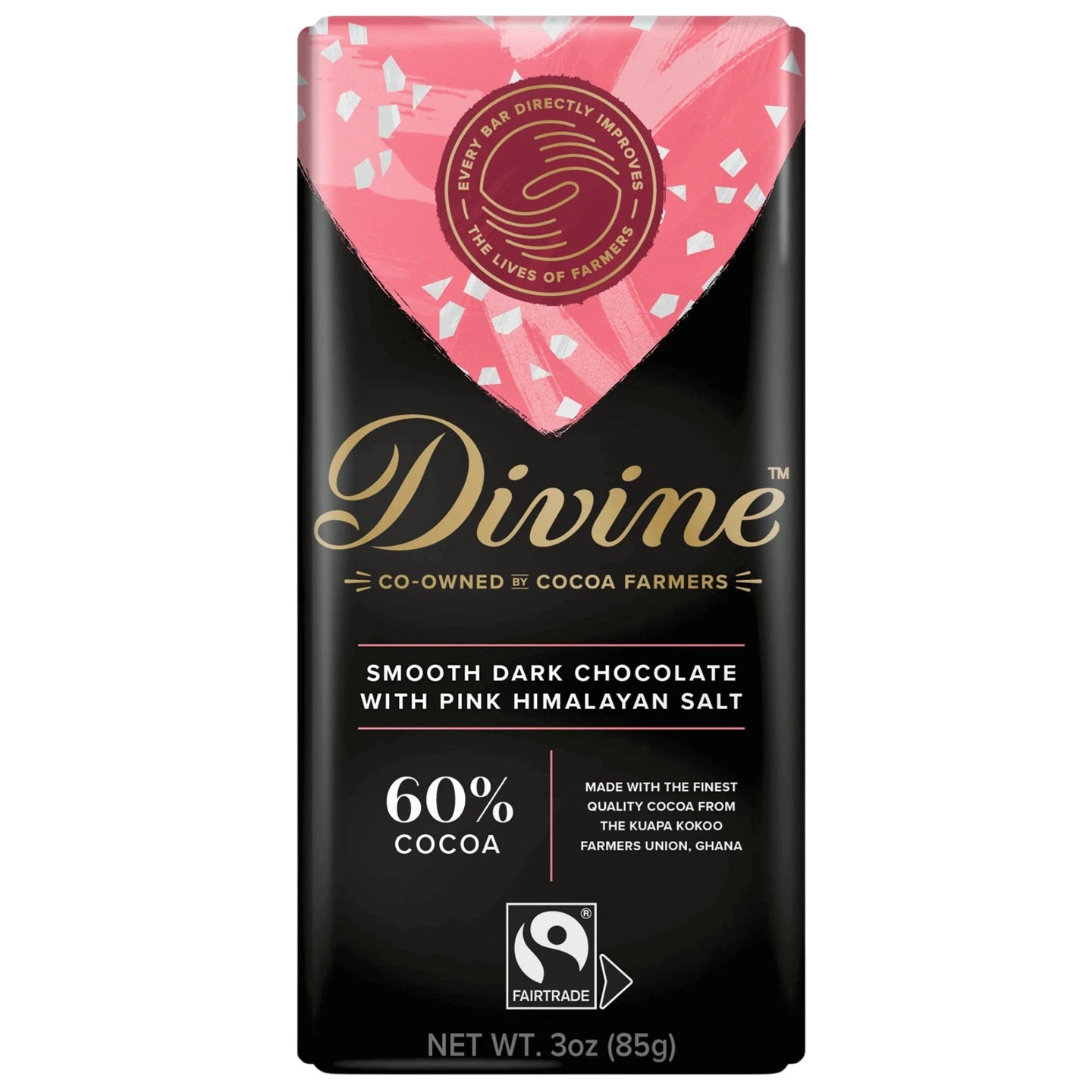 Divine dark chocolate bar packaging with pink Himalayan salt on a white background