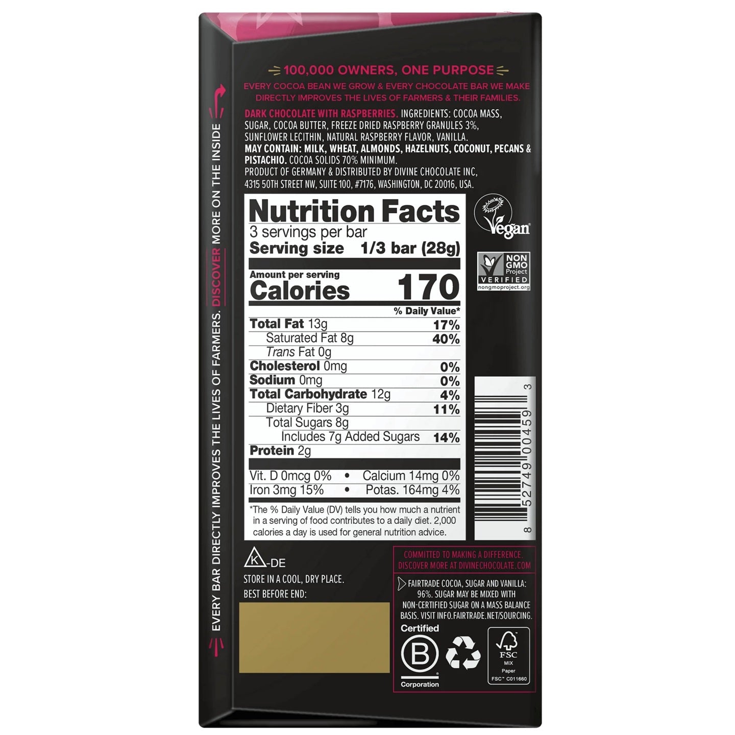 Nutrition facts label on a Divine dark chocolate bar packaging