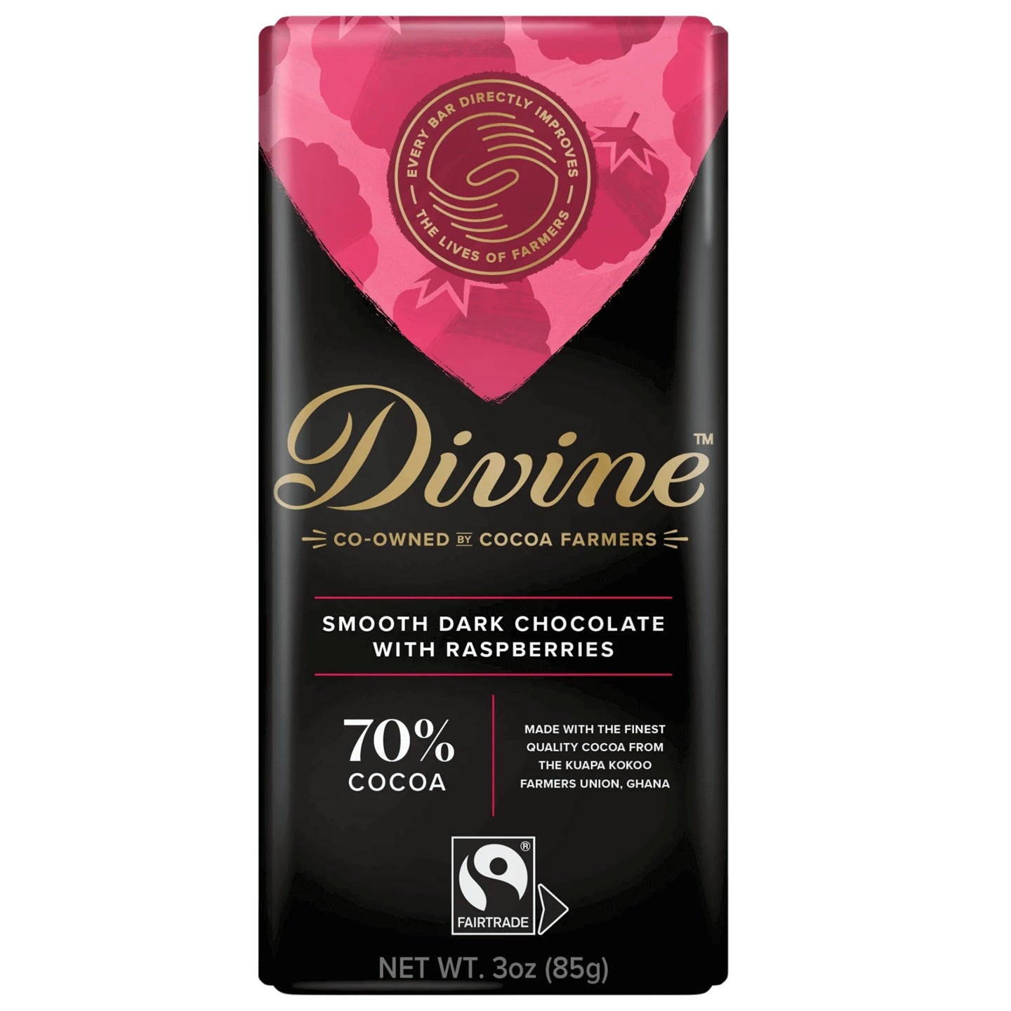 Divine 70% dark chocolate bar with raspberries in black and pink packaging