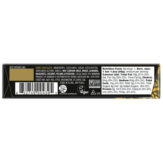 back of Divine 70% Dark Chocolate small bar nutritional facts