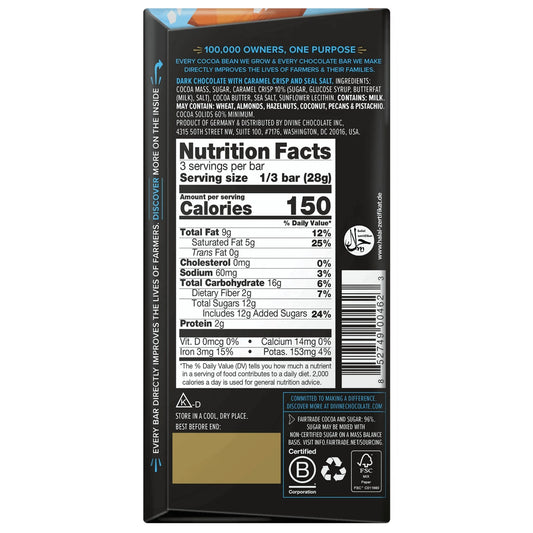 Nutrition facts label on a Divine dark chocolate with toffee and sea salt bar packaging