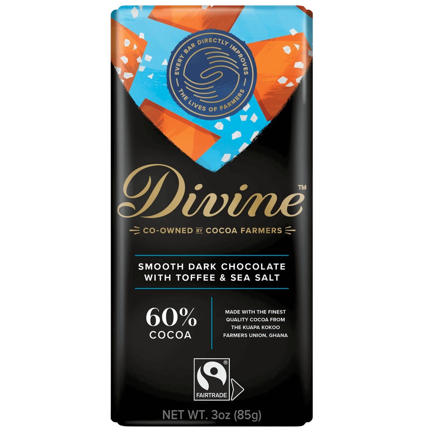 Divine dark chocolate bar packaging with toffee and sea salt flavor on a white background