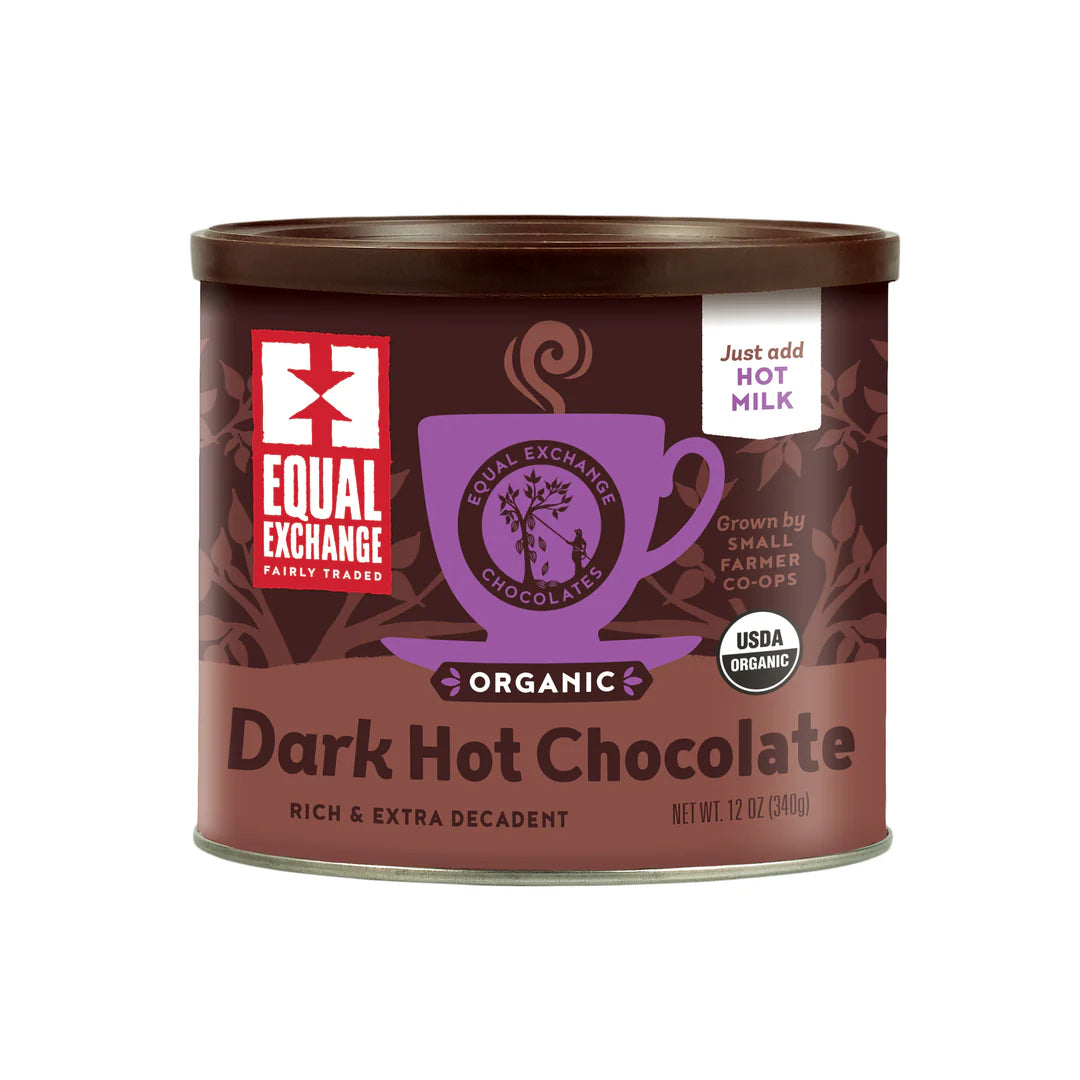 Can of Equal Exchange Organic Dark Hot Chocolate on a white background