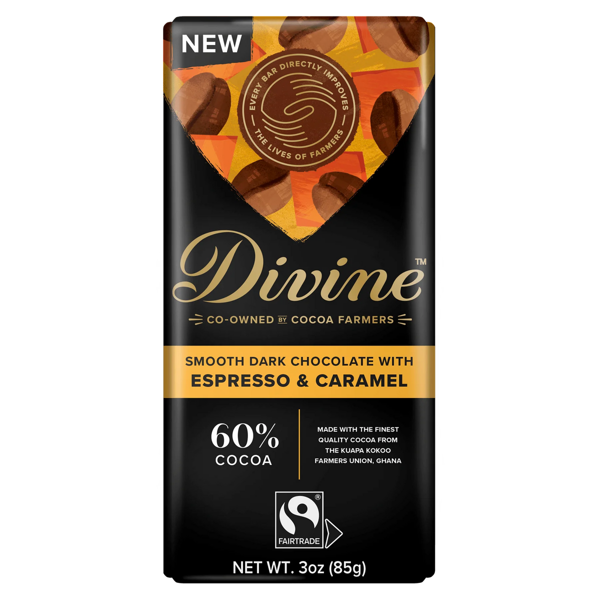 dark chocolate bar front packaging with black and gold. 