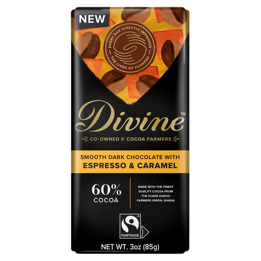 dark chocolate bar front packaging with black and gold. 