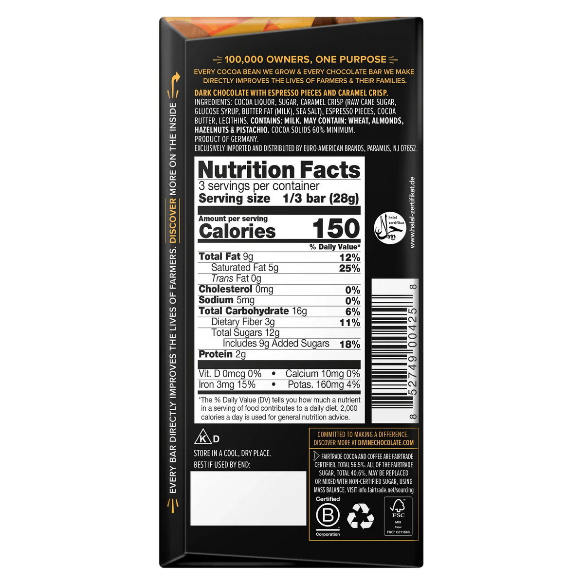 Dark chocolate espresso and caramel back of packaging nutrition label