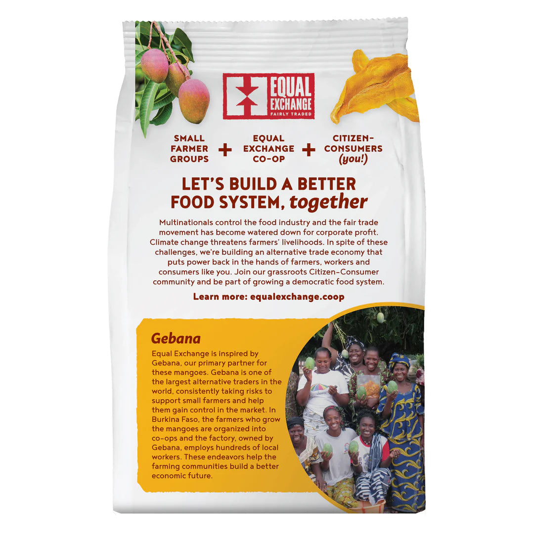 Back of Equal Exchange product packaging with text and images of Gebana, the cooperative they work with, to source mangoes