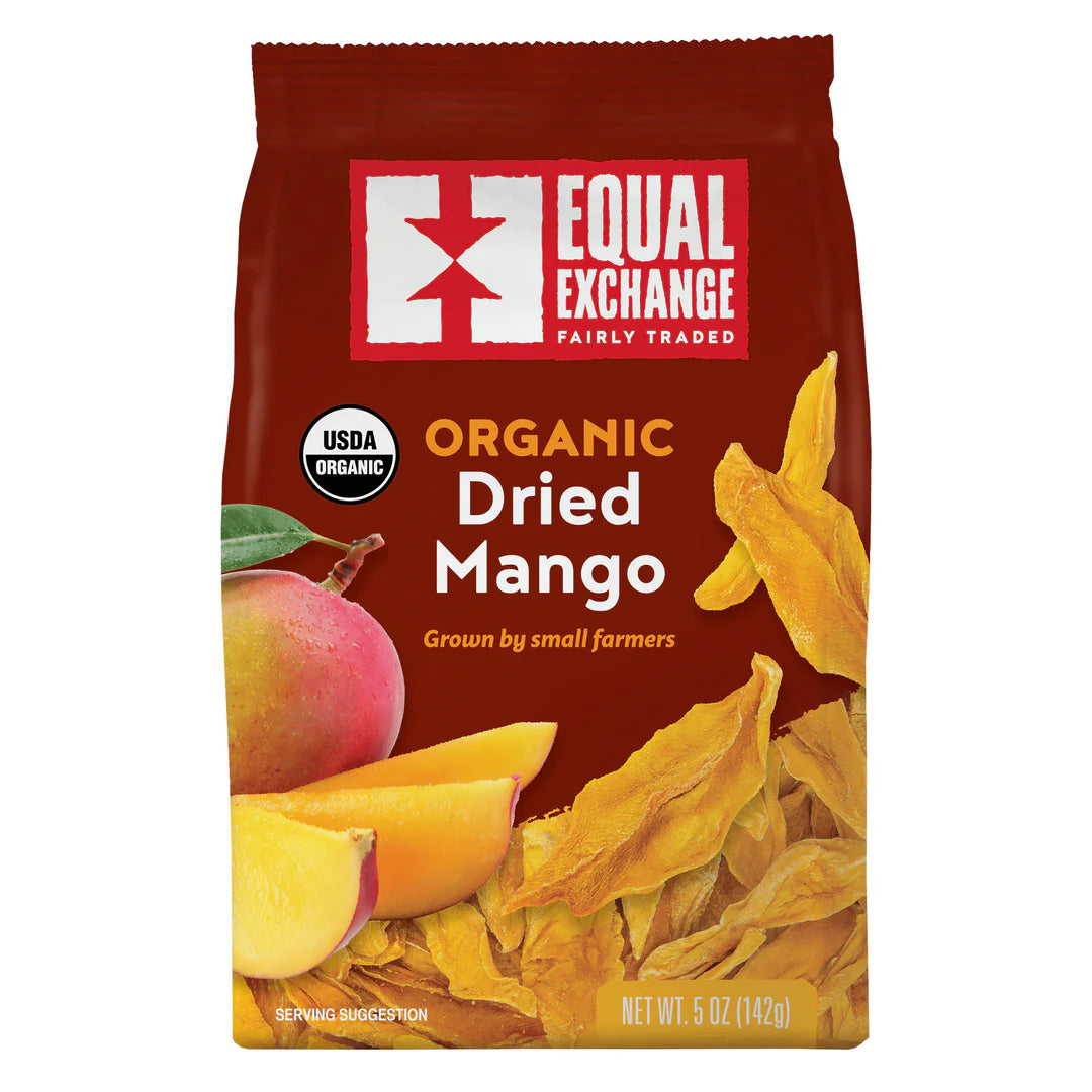Bag of Equal Exchange organic dried mangoes on a white background
