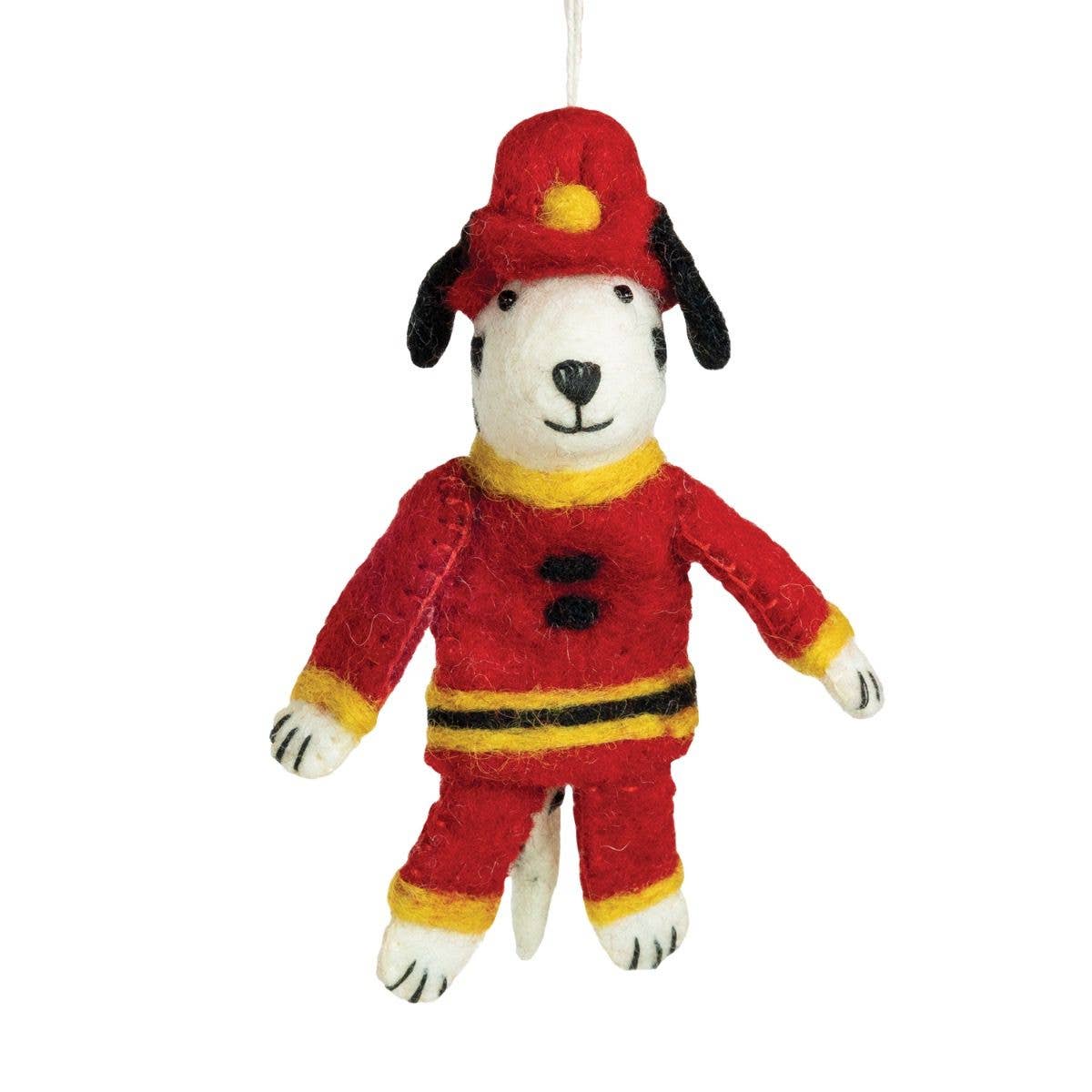 Dog-shaped ornament in a firefighter outfit on a white background