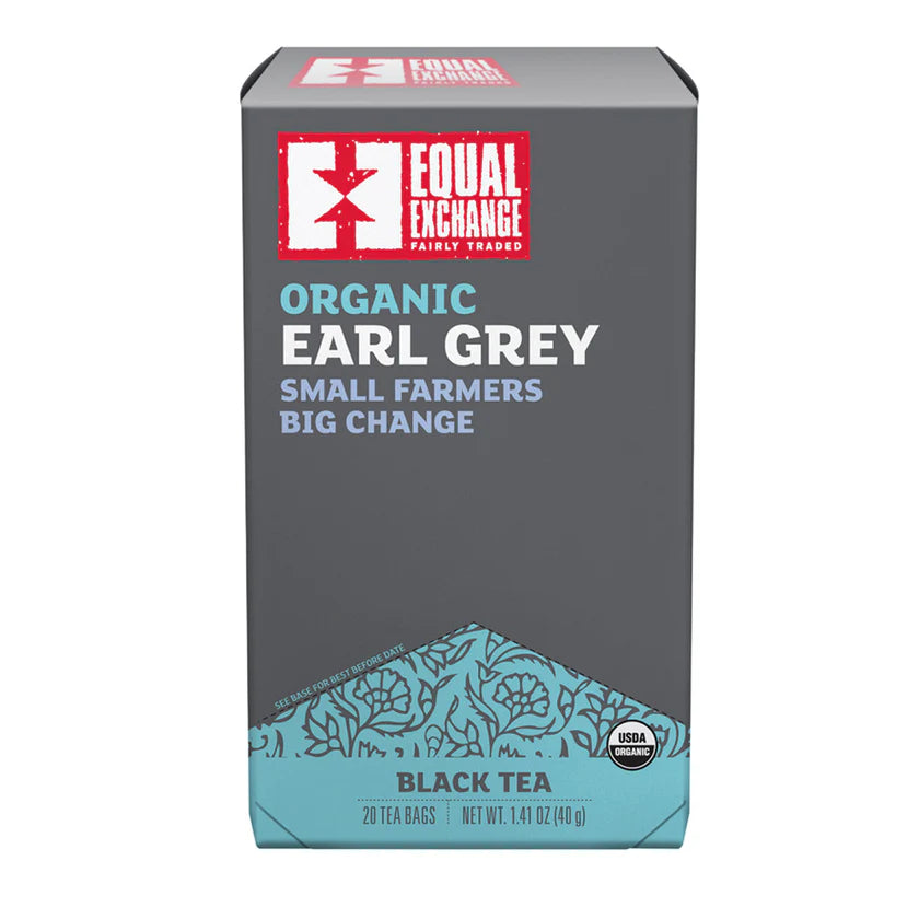 Box of Equal Exchange Organic Earl Grey black tea on a white background