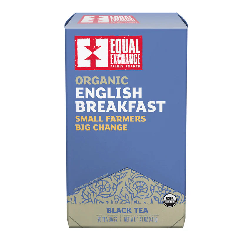 Box of Equal Exchange Organic English Breakfast black tea on a white background