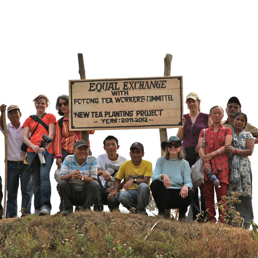 Group of people posing with a sign for Equal Exchange and Potong Tea Workers Committee on a hill.