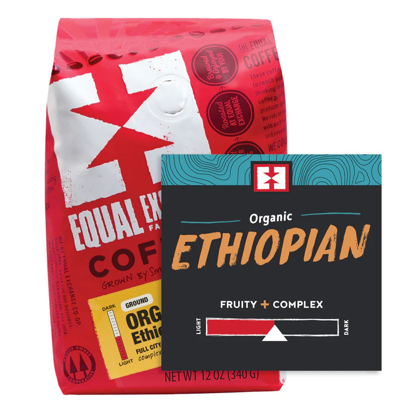 Two coffee packages, one red and one black with 'Ethiopian' text, on a white background.