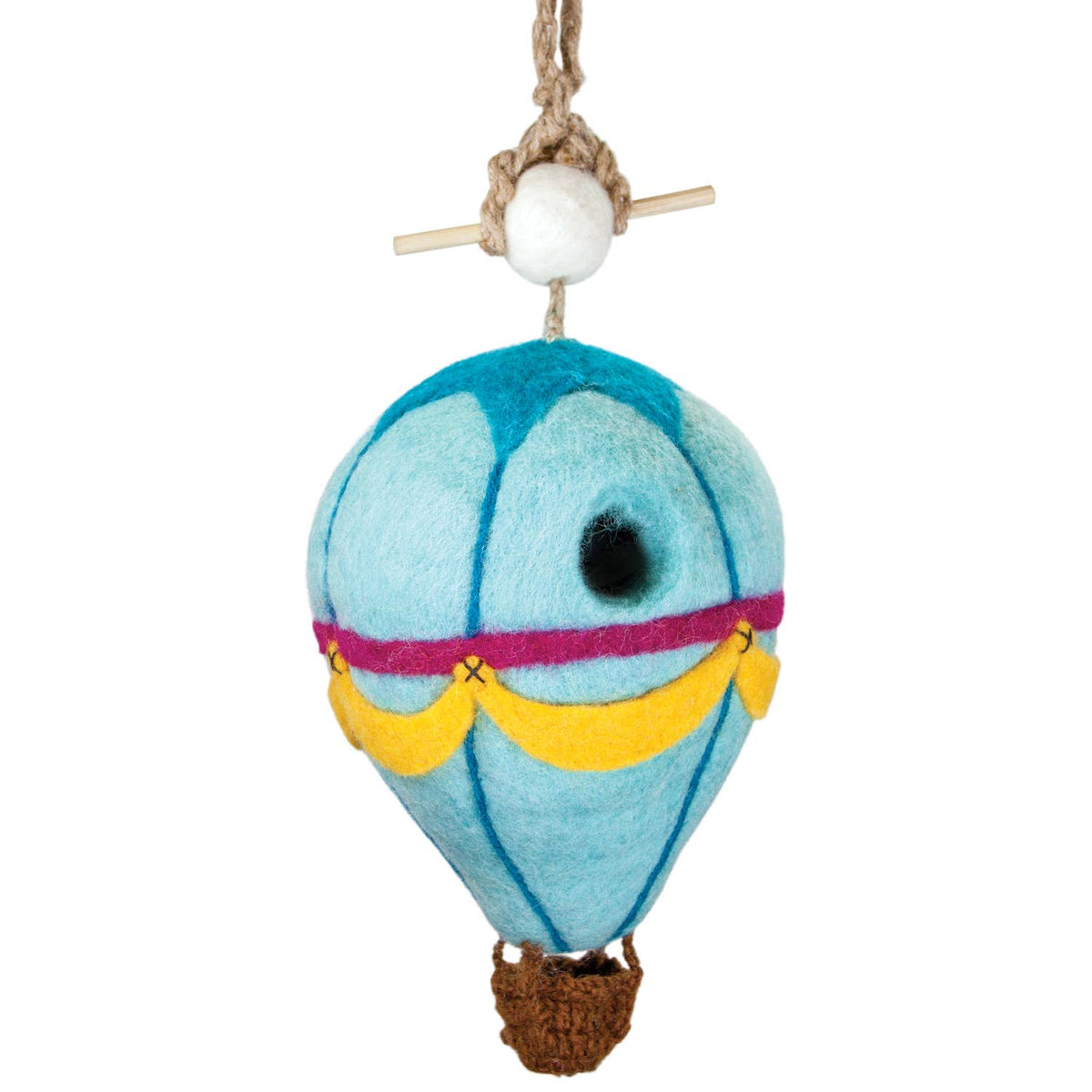 felted hot air balloon bird house with blue body, yellow basket, and pink ribbon on a white background