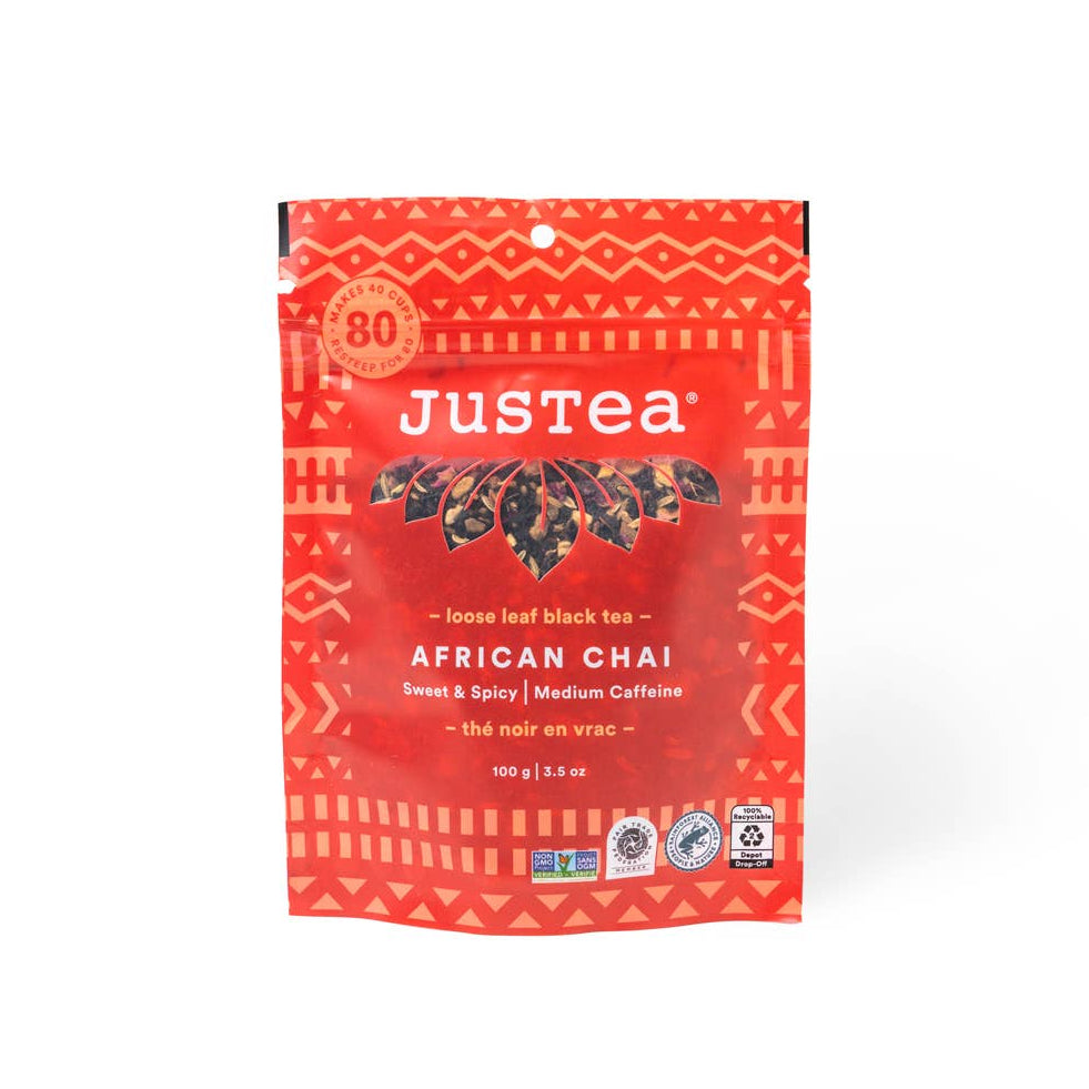 Justea African Chai tea package on a white background
