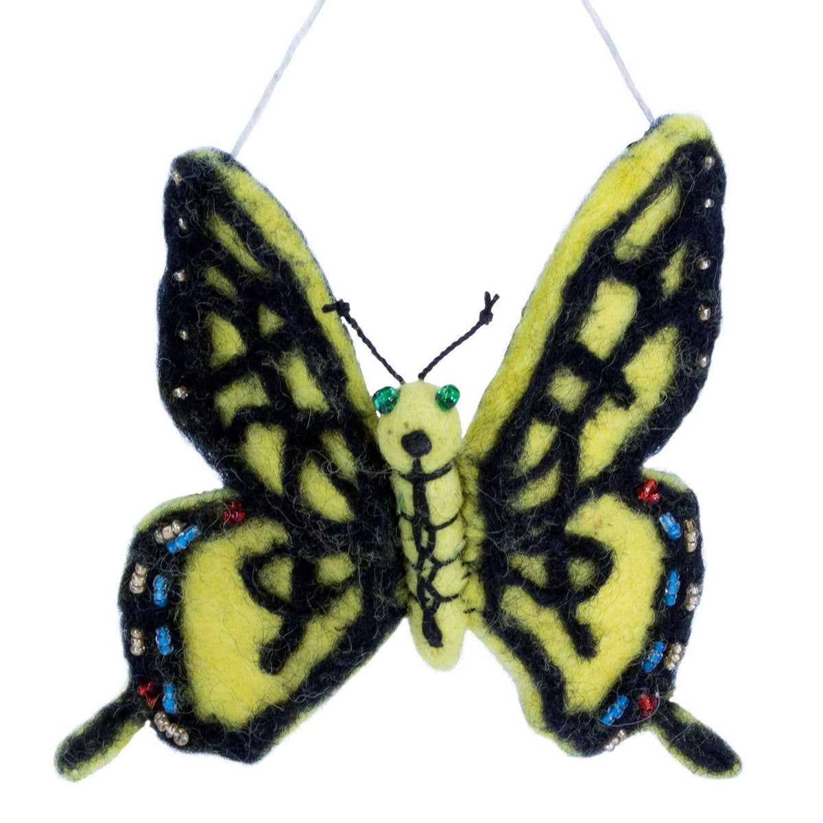 A felt butterfly ornament with bright yellow-green wings outlined in black, small bead accents on the wings, and green bead eyes, hanging from a thin white string against a white background.