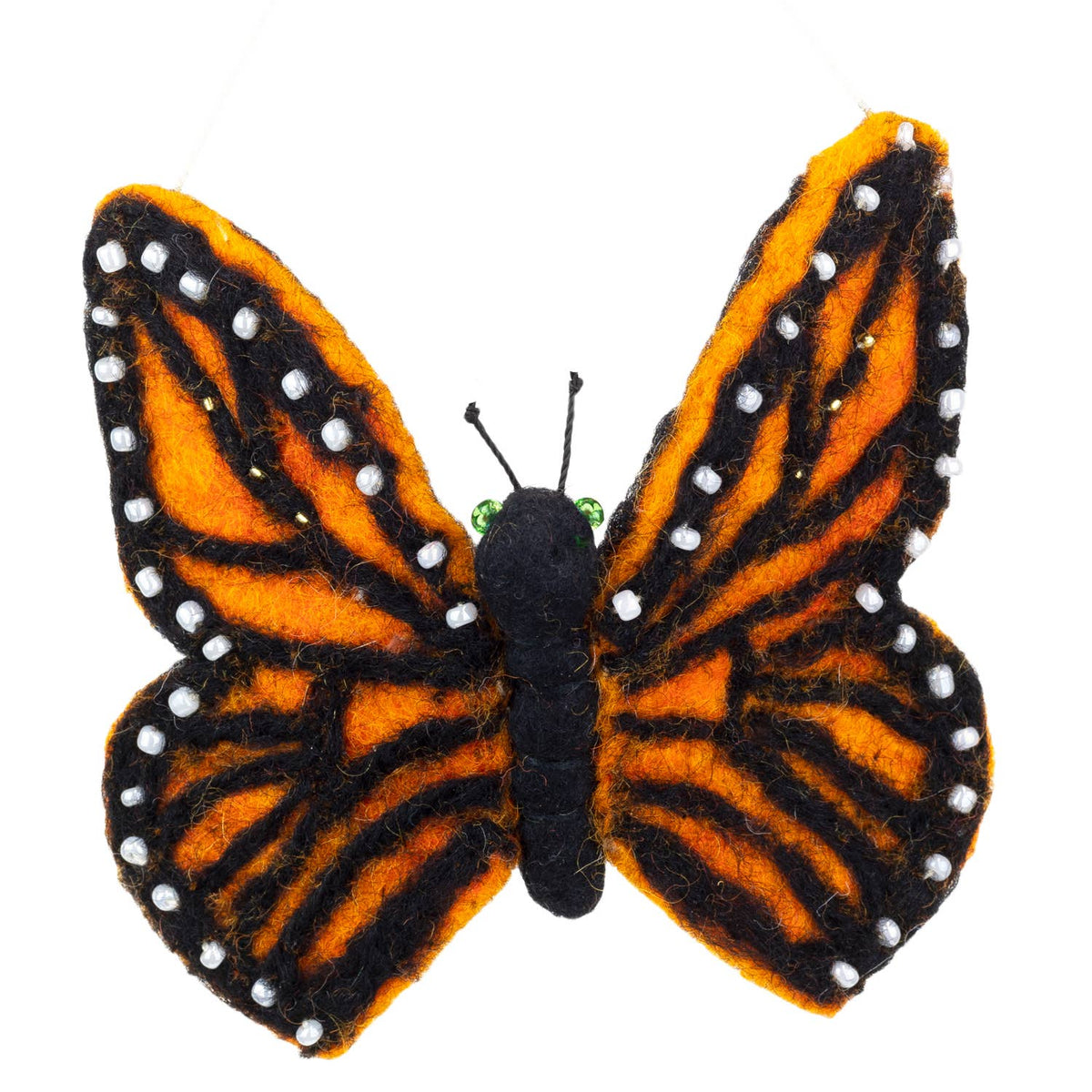 A felt butterfly ornament or decoration with orange and black striped wings and small white dots along the edges, centered on a plain white background.