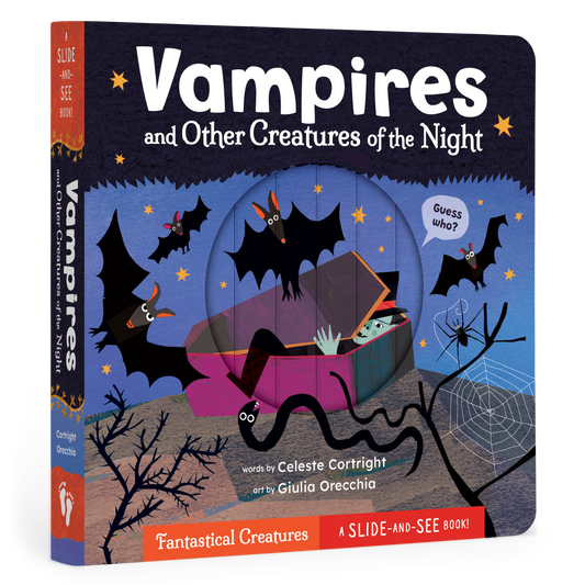 A children's board book titled "Vampires and Other Creatures of the Night" shown at a slight angle to display the front cover and spine. The cover features a dark Halloween illustration with bats, a coffin, a spider, and a slide window revealing a green creature inside.