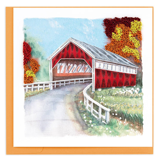 Quilled Red Covered Bridge Card