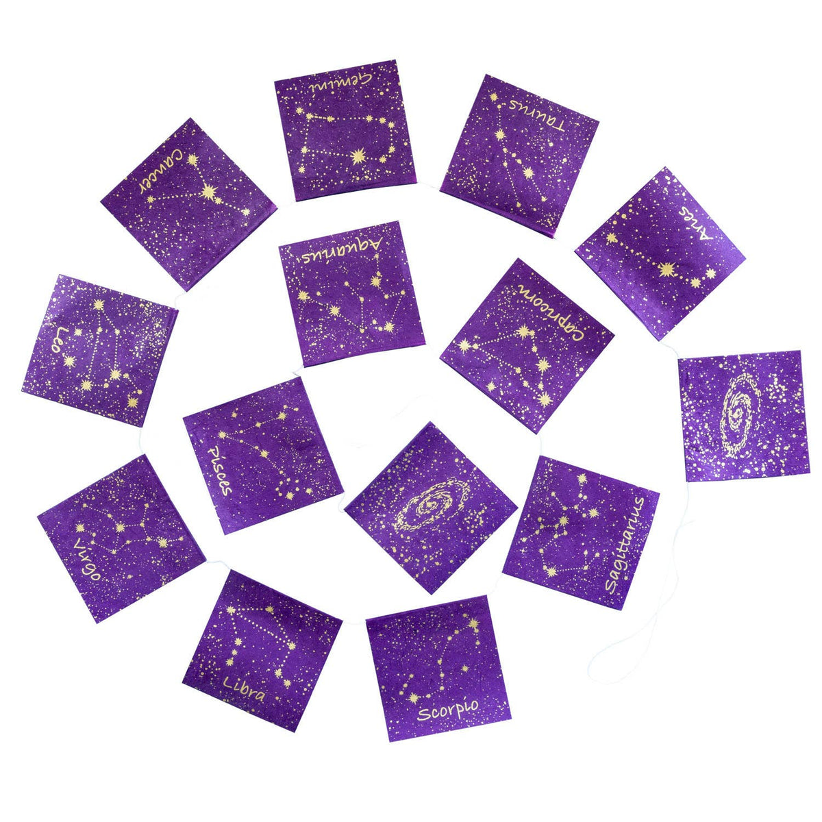 Purple square garland with zodiac designs and names on a white background