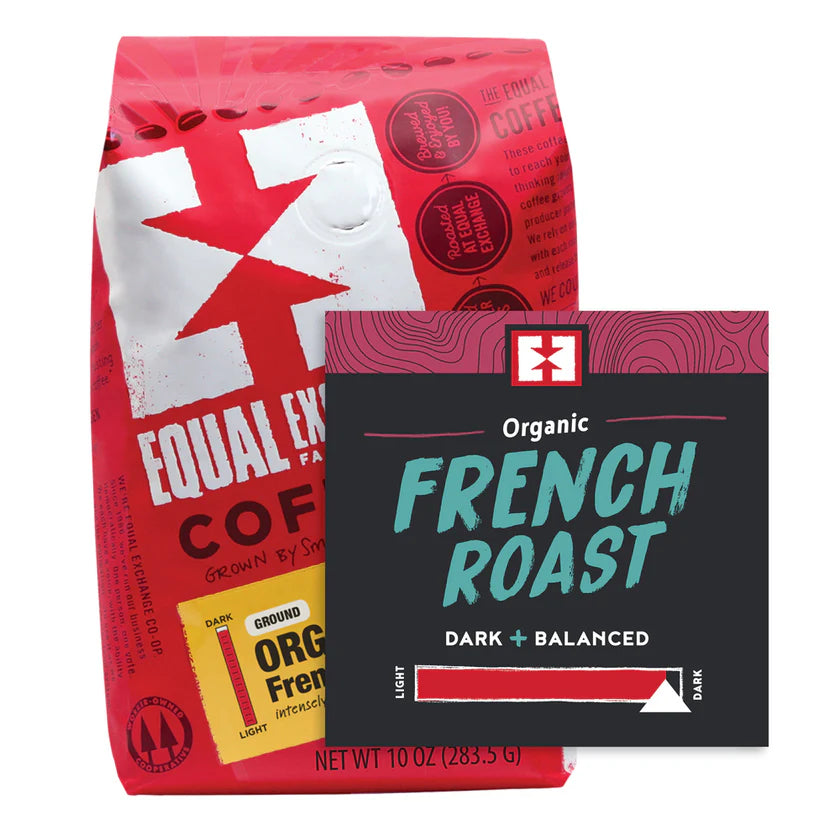 Two Equal Exchange coffee packages, one red and one black with 'French Roast' text, on a white background.