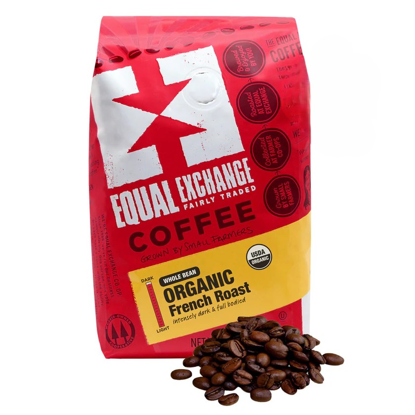 Red Equal Exchange package with whole bean French Roast coffee beans