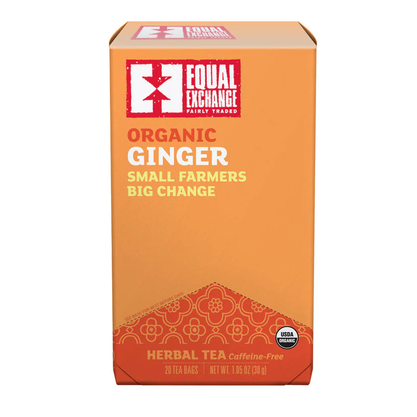 Box of Equal Exchange Organic Ginger Herbal Tea on a white background
