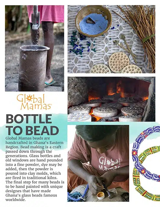 A four-panel collage with text about Global Mamas bottle beads, showing beading tools and finished beads, glass bottles being heated over fire, a person working at a table, and a decorative beaded plate.