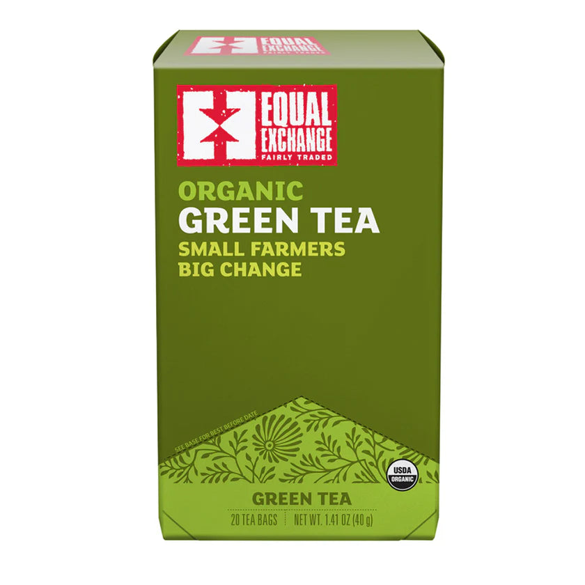 Green tea box with Equal Exchange logo on a white background