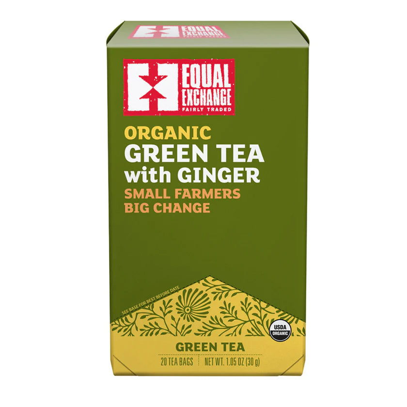 Green box of Equal Exchange organic green tea with ginger on a white background