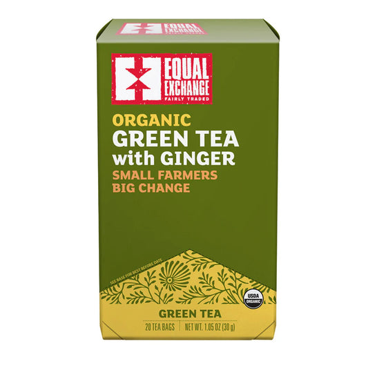 Green box of Equal Exchange organic green tea with ginger on a white background