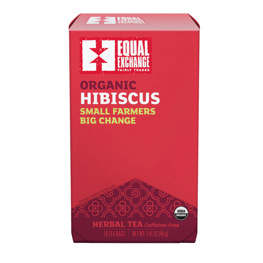 Red box of Equal Exchange Organic Hibiscus Herbal Tea on a white background