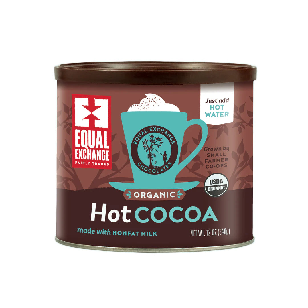 Can of Equal Exchange Organic Hot Cocoa on a white background