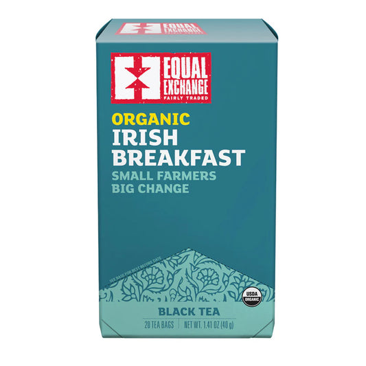 Blue box of Equal Exchange Organic Irish Breakfast black tea on a white background