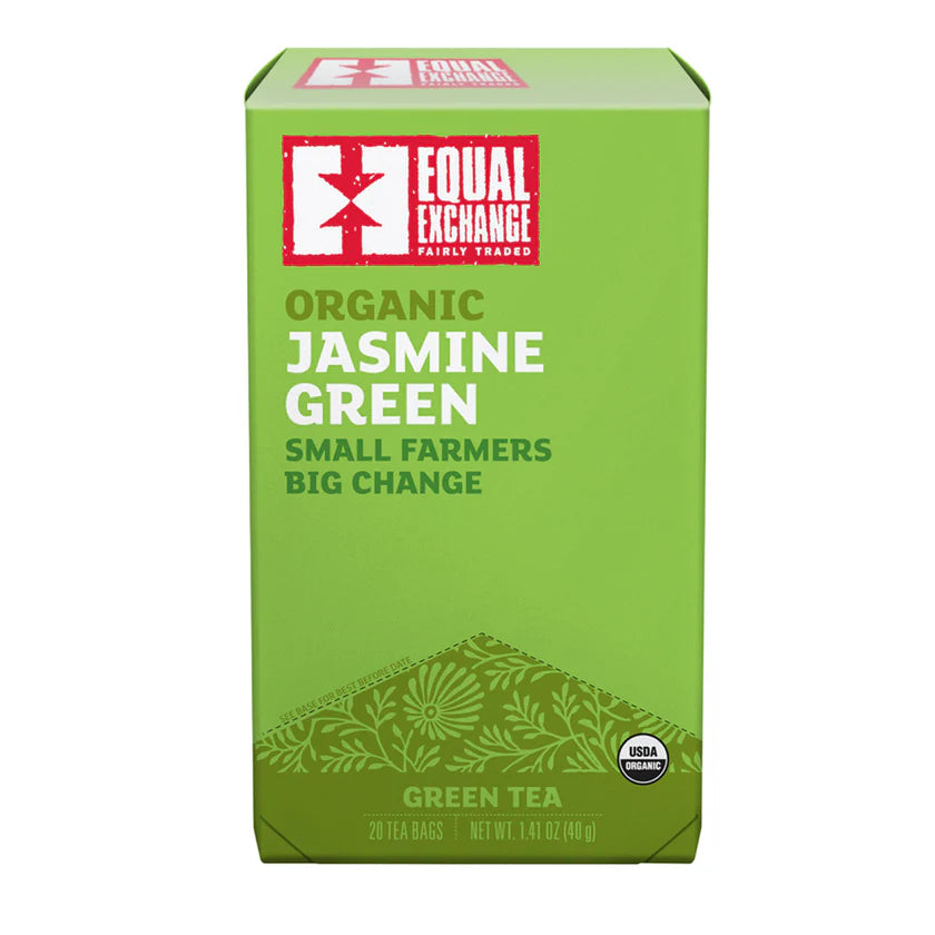 Green box of Equal Exchange Organic Jasmine Green tea on a white background