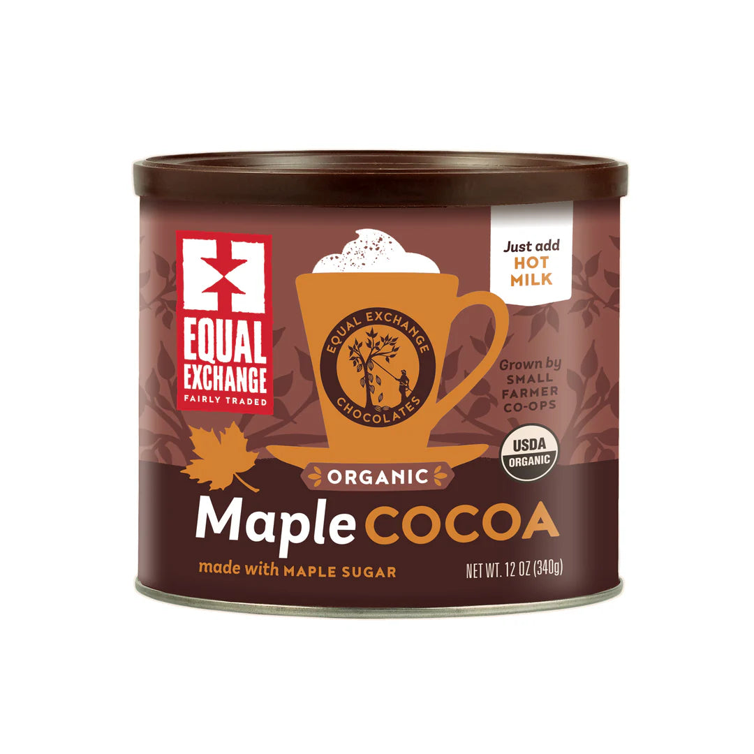 Can of Equal Exchange Organic Maple Cocoa on a white background