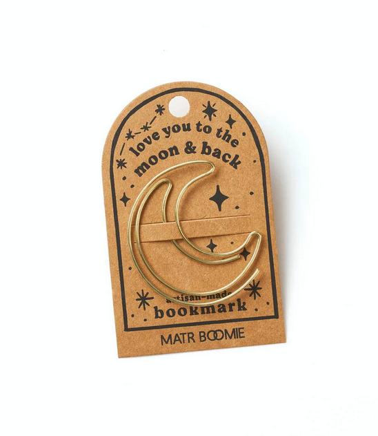 Gold wire crescent moon-shaped bookmark attached to cardstock with the words "love you to the moon and back"