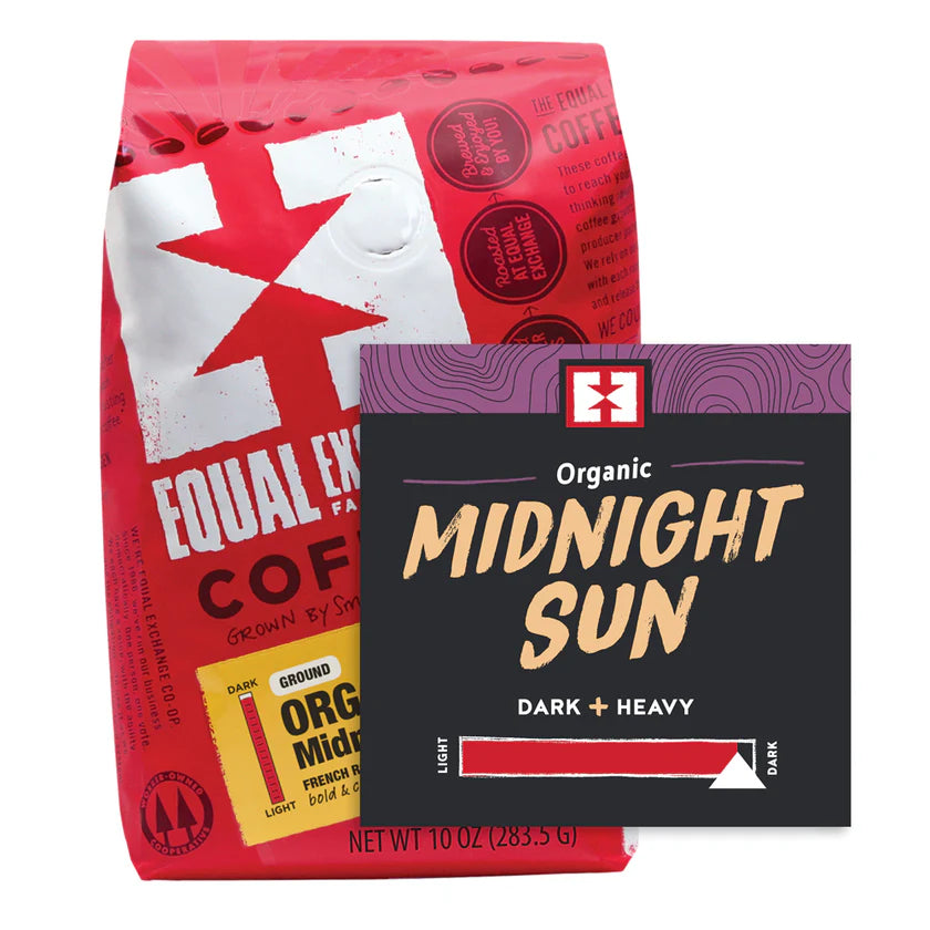 Two coffee packages, one red and one black with 'Midnight Sun' text, on a white background.